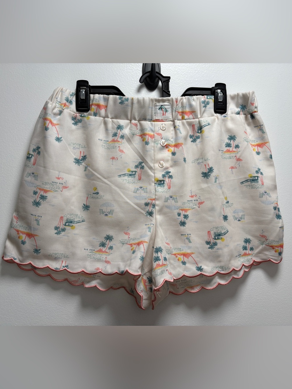 Rae Dunn Cream Tropical Print Scalloped Hem Shorts with Coral Trim
